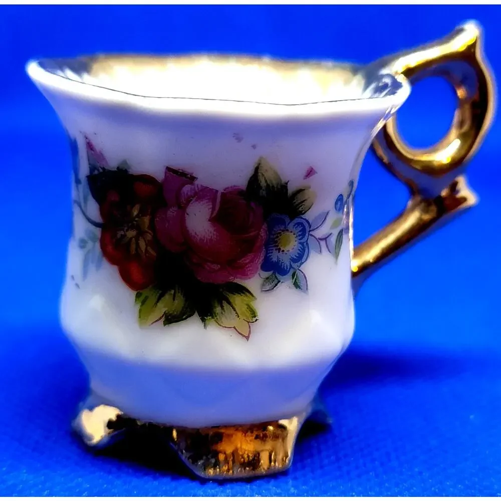 VNTG Japan Mini Porcelain Tea Cup Saucer Gold Trim Footed Base Vibrant Florals